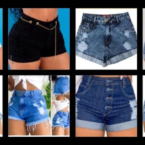 Shorts jeans feminino cintura alta Algodão